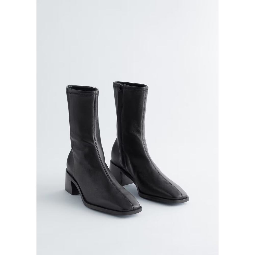 & Other Stories Black Leather Chunky Heeled Ankle Sock Boots Block Heel 39 US 8
